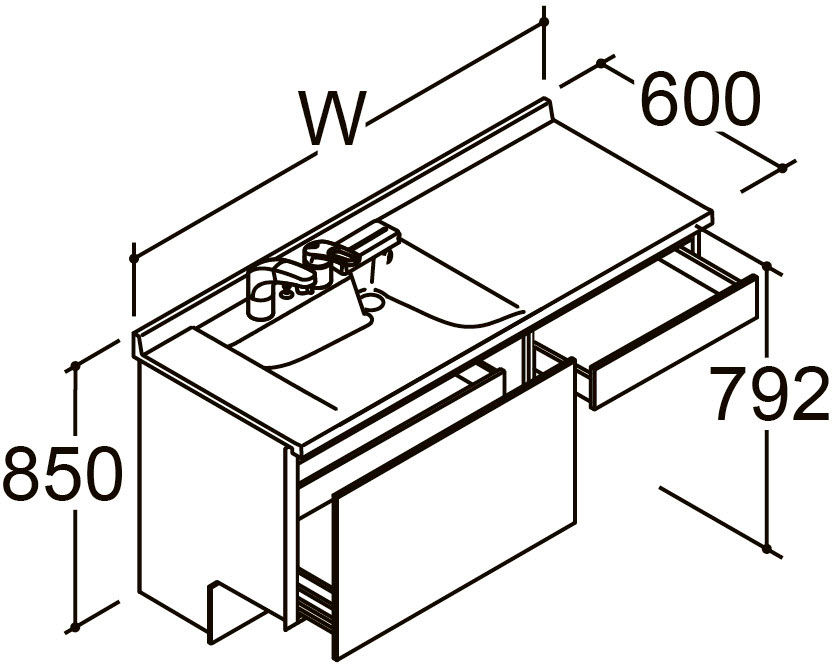 間口1_500mm_ベースセット_ボウル片寄せ_セミオープンセット_フルスライドタイプ