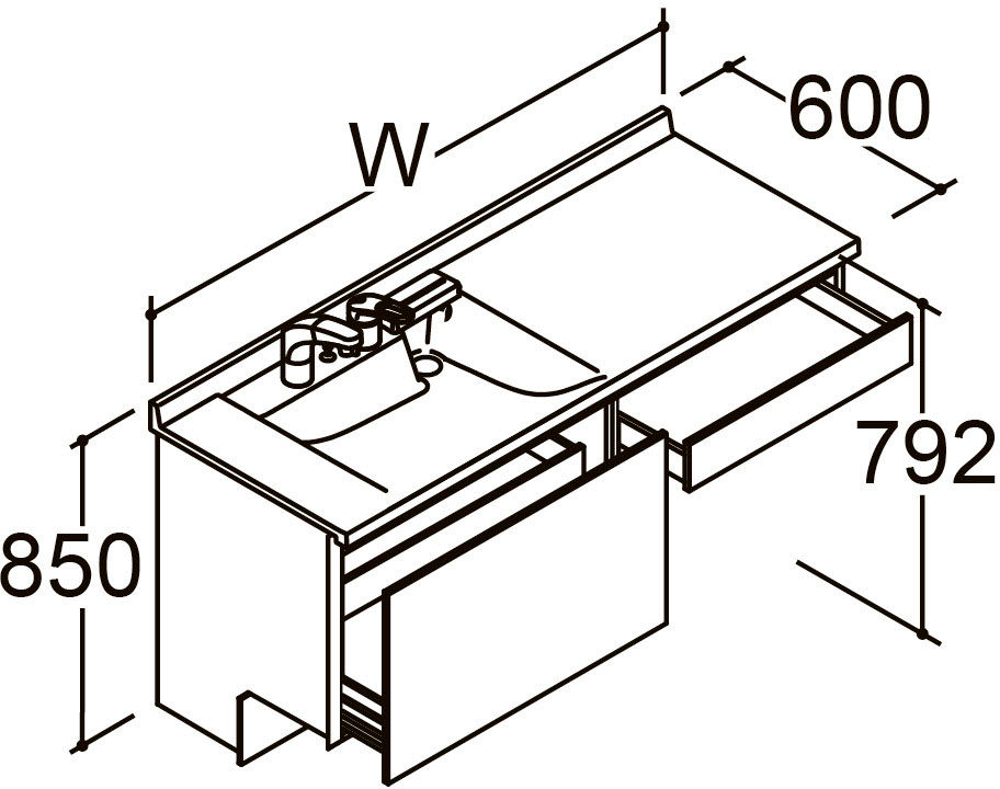 間口1_550_1_600mm_ベースセット_ボウル片寄せ_セミオープンセット_フルスライドタイプ