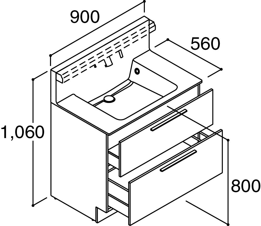 クレヴィ_奥行560タイプ_間口900mm_化粧台本体_フルスライドタイプ