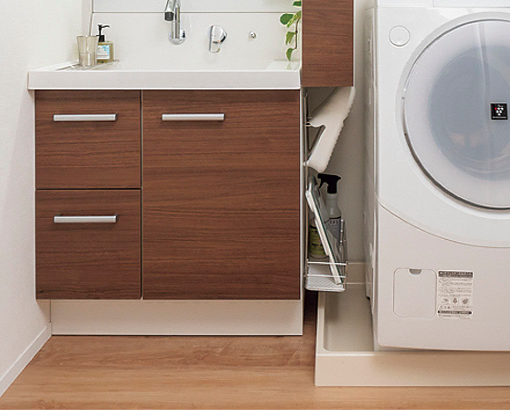 ピアラ_周辺収納_オープンランドリータイプ_洗濯機パンの上のスペースに設置可能