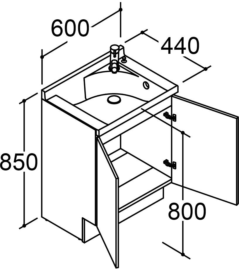 間口600mm_コンポタイプ_ボウル中央_化粧台本体_扉タイプ