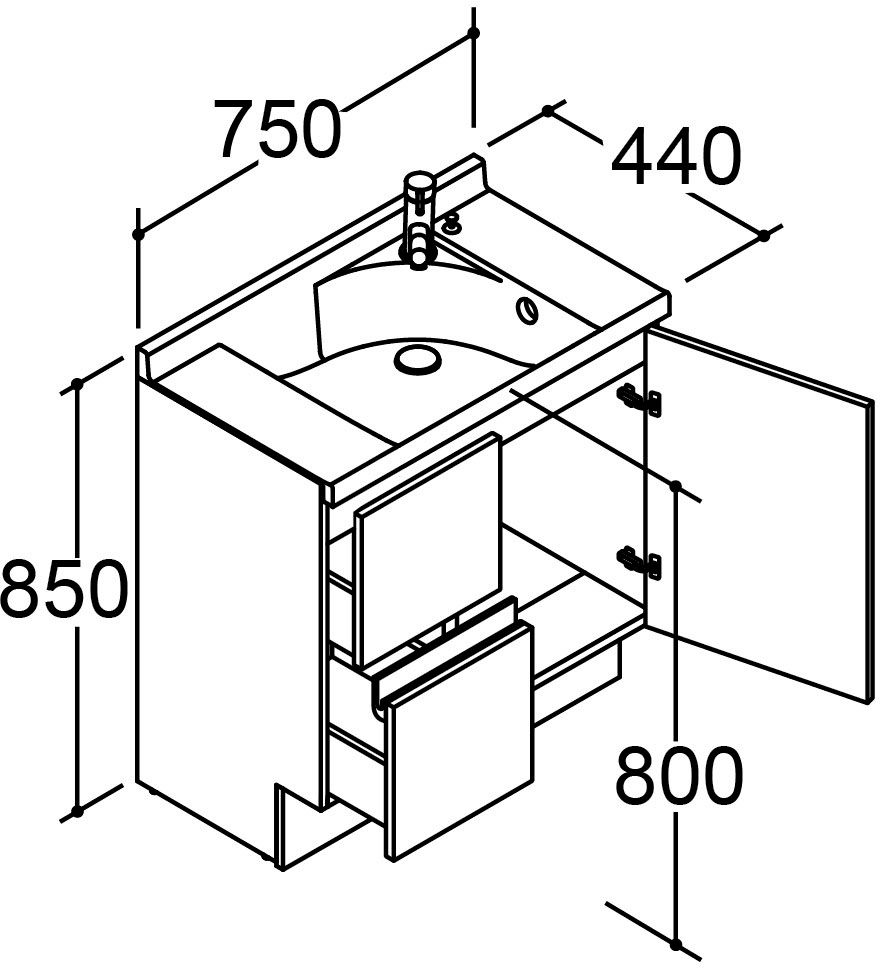 間口750mm_コンポタイプ_ボウル中央_化粧台本体_引出タイプ