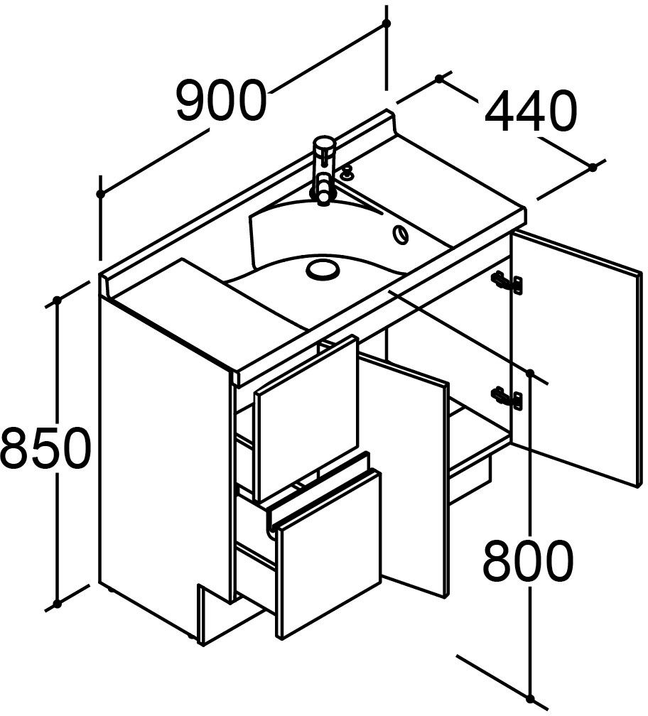 間口900mm_コンポタイプ_ボウル中央_化粧台本体_引出タイプ