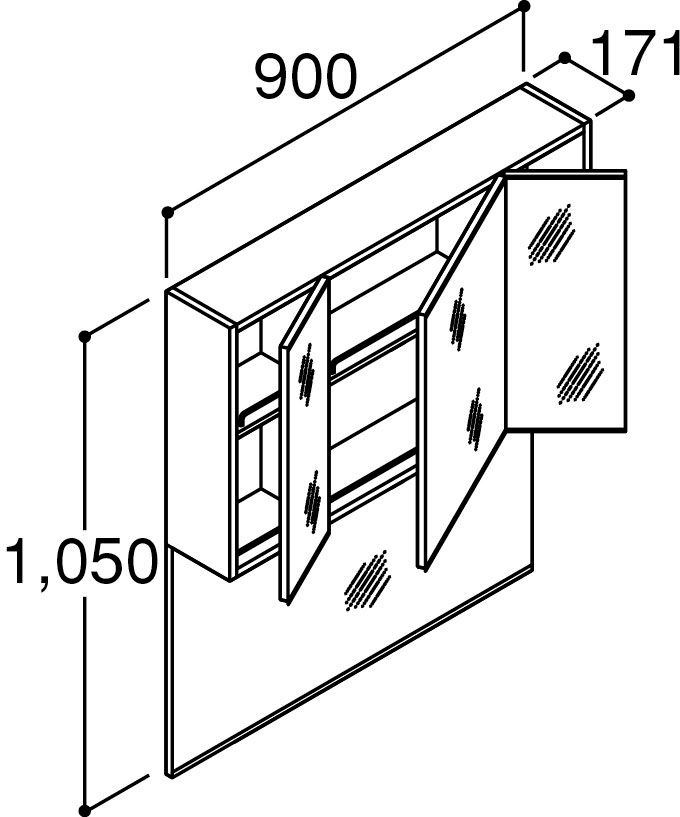 間口900mm_ミラーキャビネット3面鏡(照明なし・くもり止めコートなし)