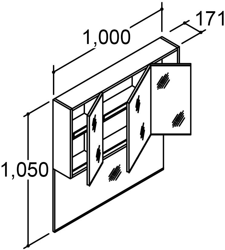 間口1_000mm_ミラーキャビネット3面鏡(照明なし・くもり止めコートなし)