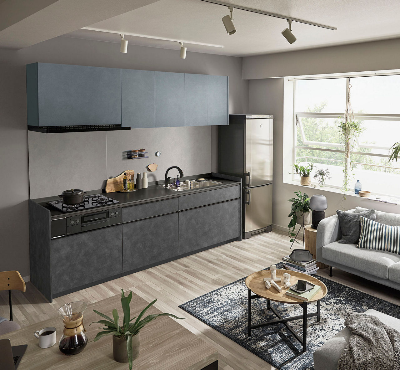 無機質な素材の統一感で重厚で洗練された空間に仕上げる組み合わせ