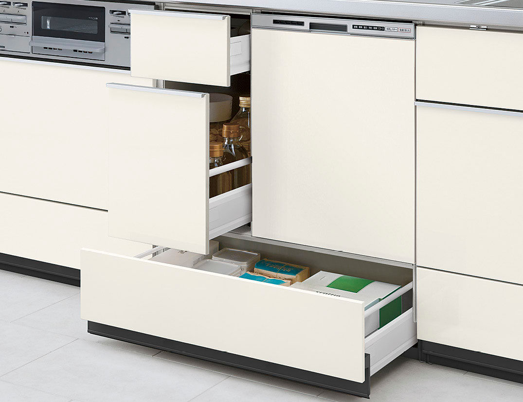 食器洗い乾燥機用キャビネット_スライドストッカー_3段引出し浅型用(ロング扉)