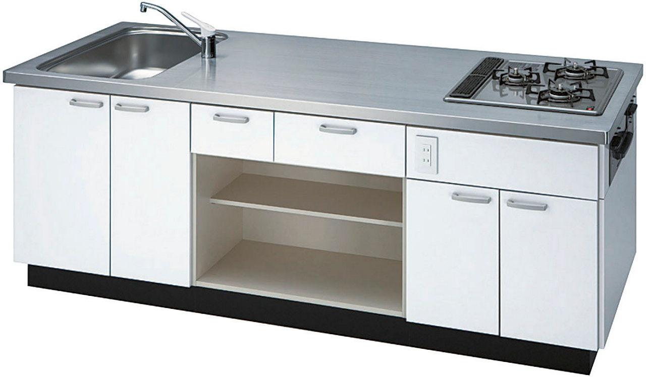 調理実習台_棚板・ドロップインコンロ_ES型生徒用(両面収納タイプ)_BK-Qタイプ