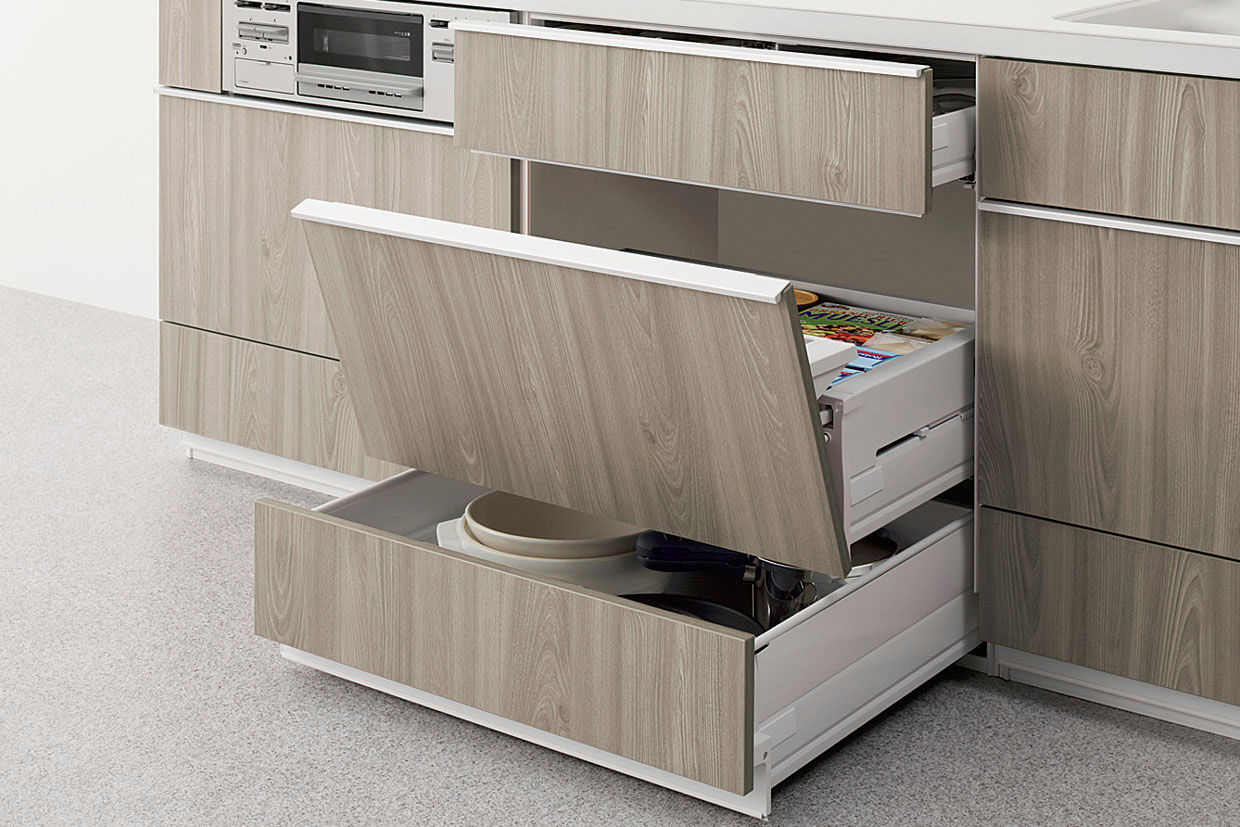 調理台用キャビネット_スライドストッカー_らくパッと収納(シェルフなし)スマートトレー付・3段引出し