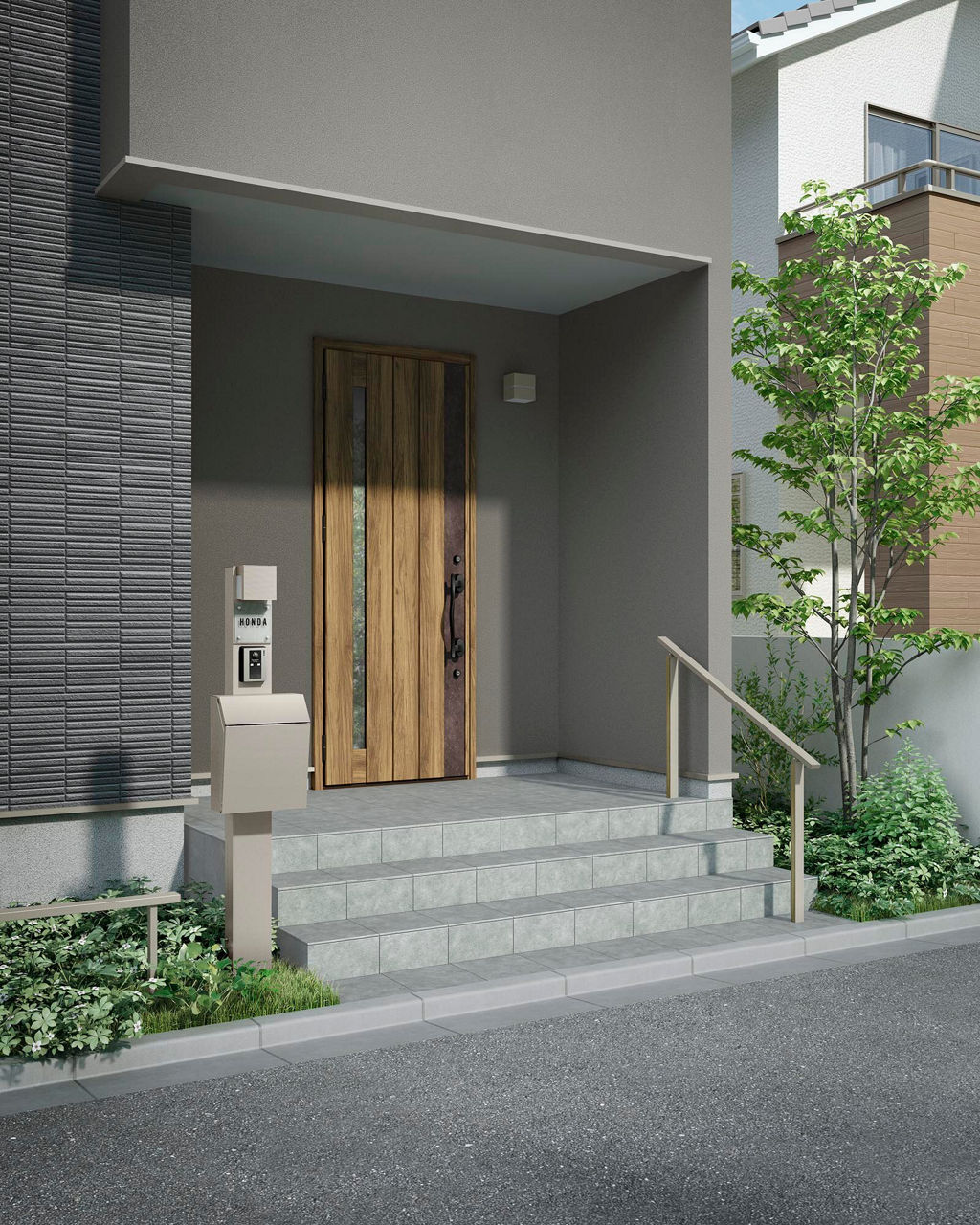 施工例_柱ｼｬｲﾝｸﾞﾚｰ_照明ｼｬｲﾝｸﾞﾚｰ_横型ﾎﾟｽﾄP-1型ｼｬｲﾝｸﾞﾚｰ