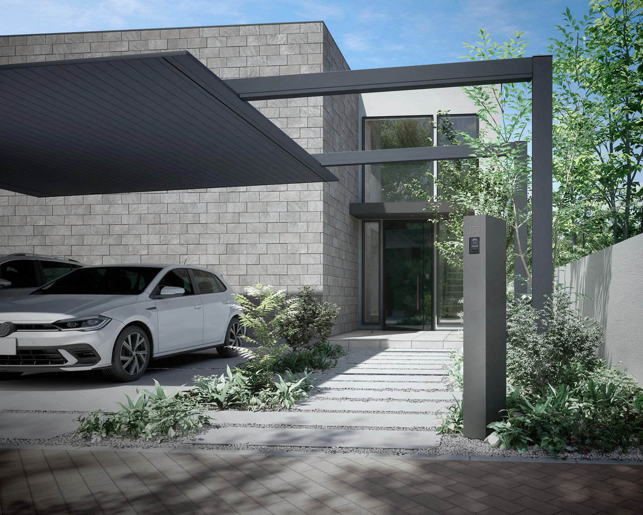 機能門柱FT_本体：ディープグレー＋切り文字サイン_slimA_ヘアライン_施工例1