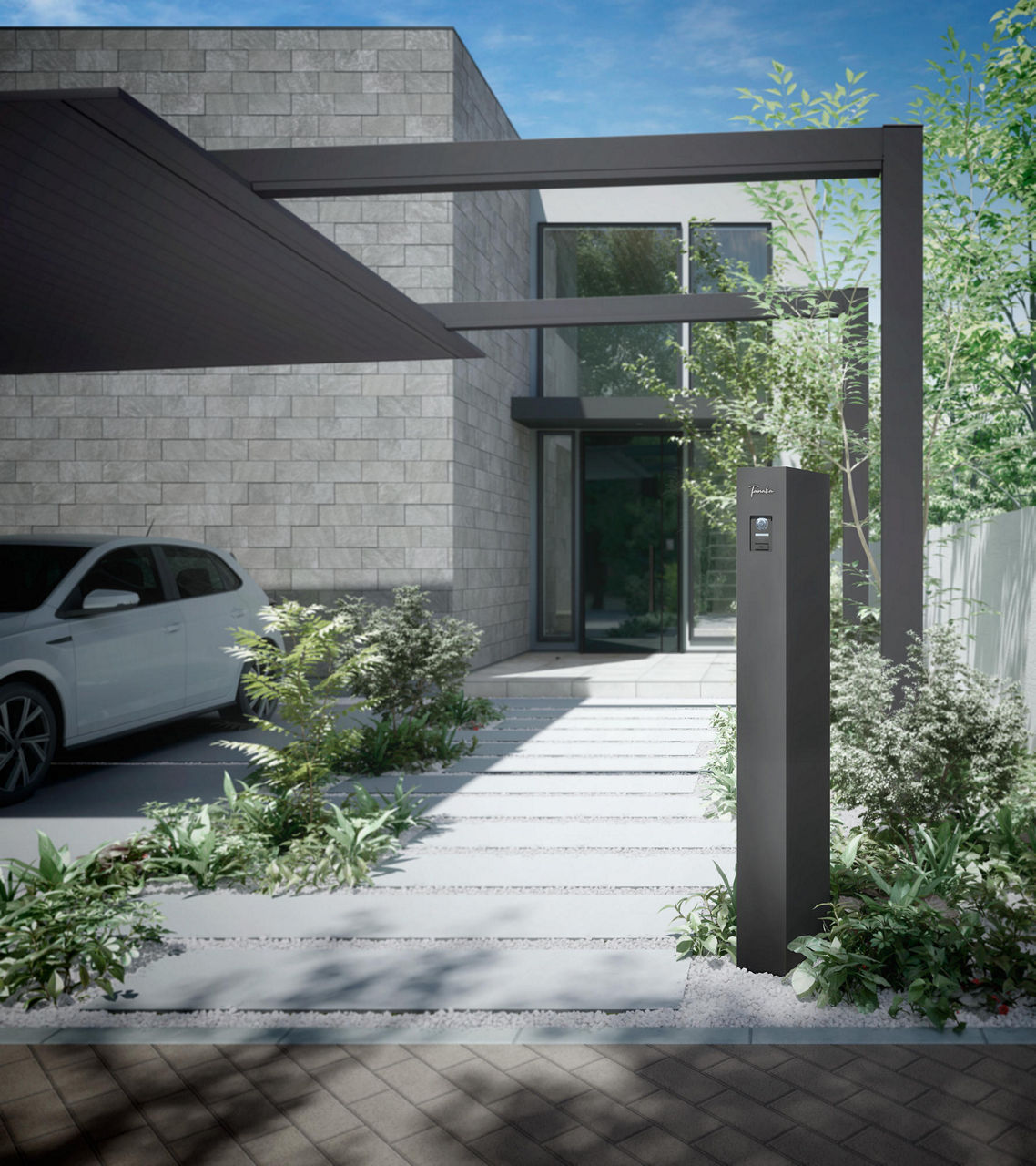 機能門柱FT_本体：ディープグレー＋切り文字サイン_slimA_ヘアライン_施工例2