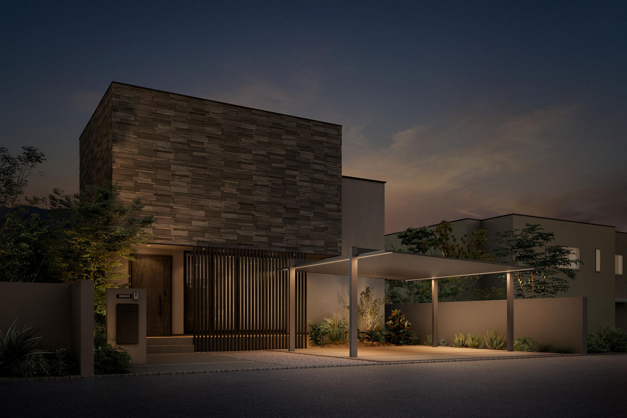 カーポートSC_テクスチャードカラー_2台用_54-50_標準柱_柱・梁：テクスチャードダークグレー_屋根：テクスチャードダークグレー_夕景_施工例