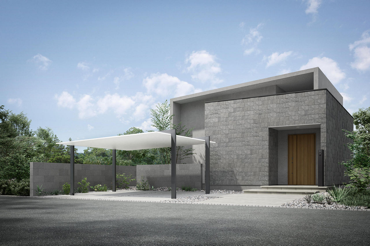 カーポートSC_テクスチャードカラー_2台用_27-50_標準柱_柱・梁：テクスチャードダークグレー_屋根：テクスチャードホワイト_施工例