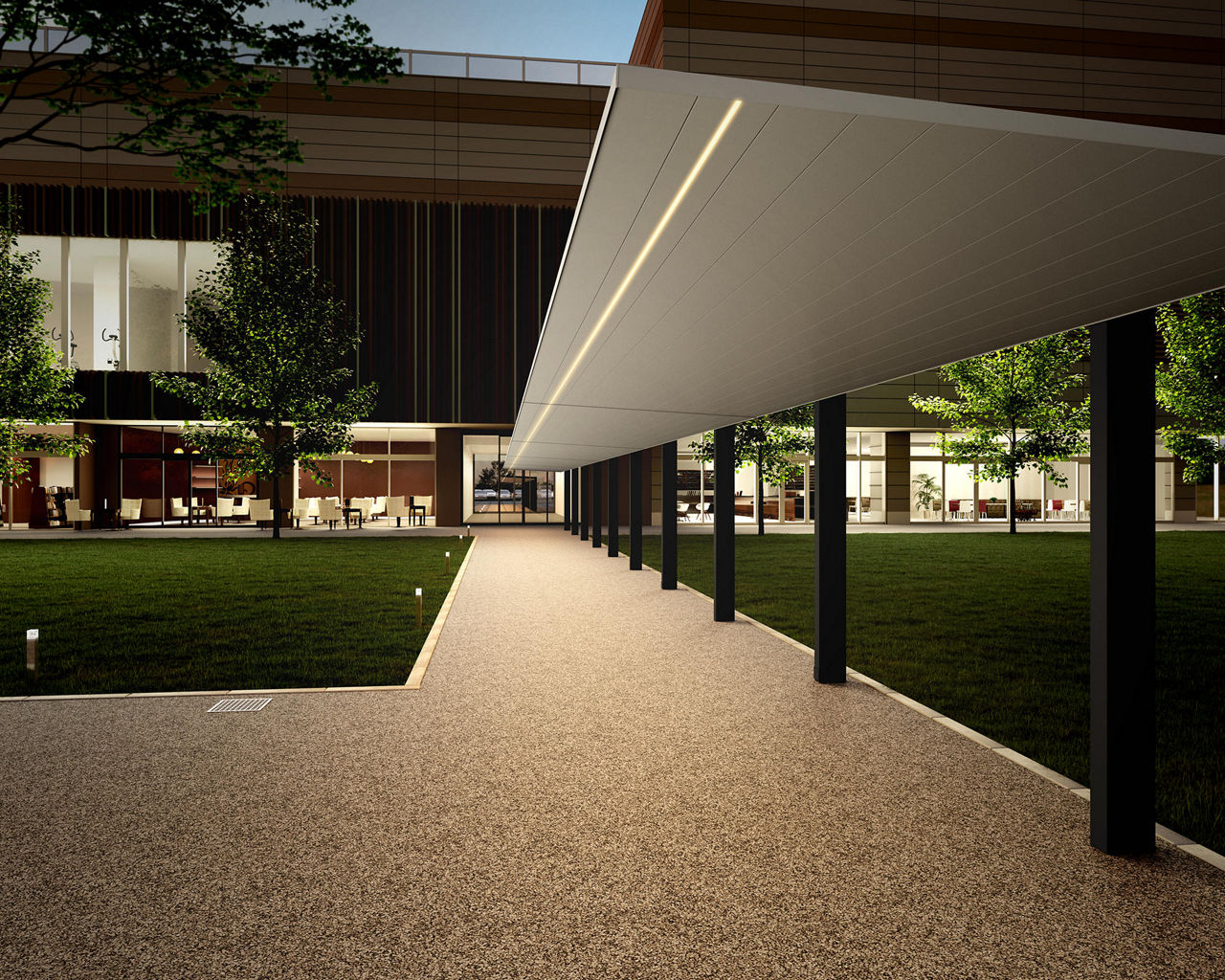 カーポートSC_1500_ミニ_21-56_標準柱_柱・梁：ブラック_屋根：ナチュラルシルバーF__5連棟_夜景_施工例