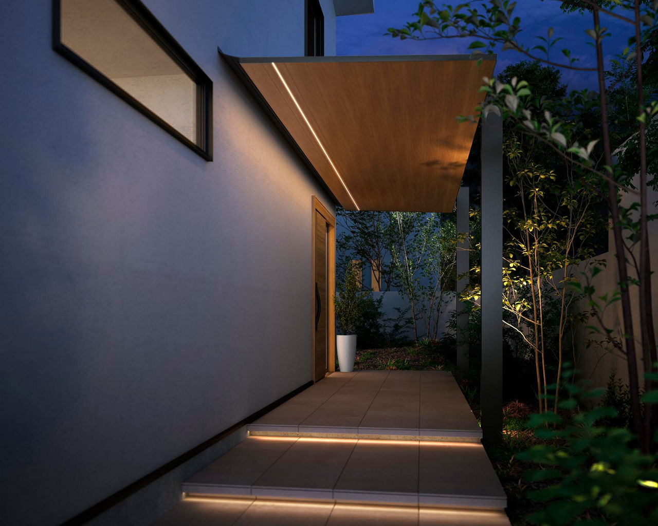 施工例(夕景)_3間×6尺_屋根材_ﾌﾞﾗｯｸ+ﾁｪﾘｰｳｯﾄﾞ×柱_ﾌﾞﾗｯｸ_ｼｰﾑﾚｽﾗｲﾝﾗｲﾄ