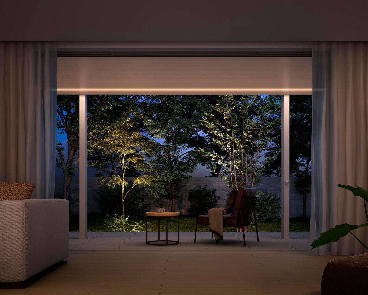 施工例(夕景)_2.5間×7尺_屋根材_ﾅﾁｭﾗﾙｼﾙﾊﾞｰF×柱_ﾅﾁｭﾗﾙｼﾙﾊﾞｰF_ｼｰﾑﾚｽﾗｲﾝﾗｲﾄ