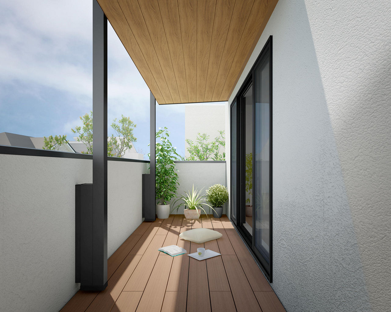 樹ら楽_木彫タイプ_ベランダ仕様_ライトブラウンRB_施工例＋テラスSC_壁付タイプ_造り付け屋根ﾀｲﾌﾟ､手すり_ハンドラインⅢ_平型コーピング