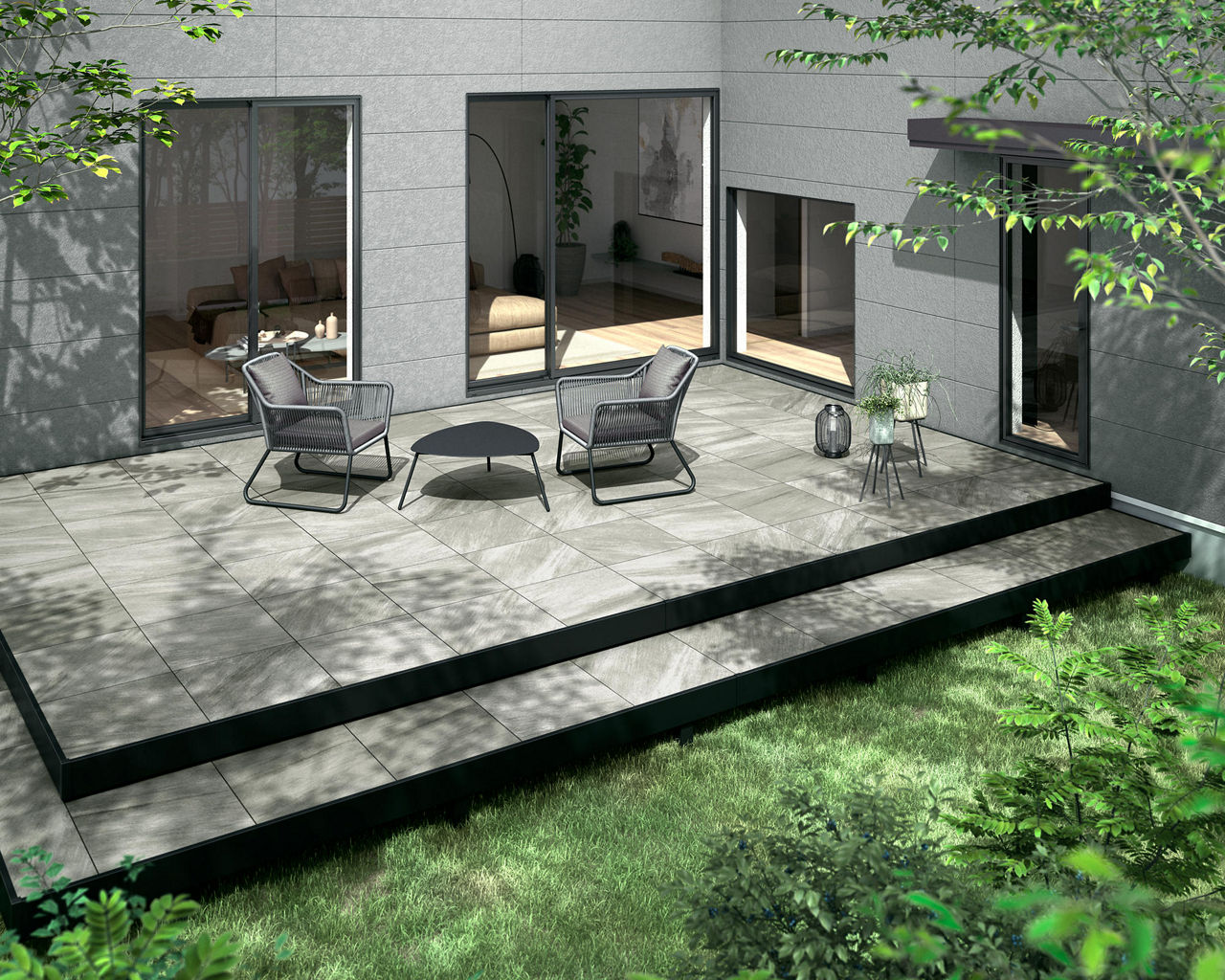 タイルデッキ_ライトグレー（サンドリネア柄）_本体＋ステップ