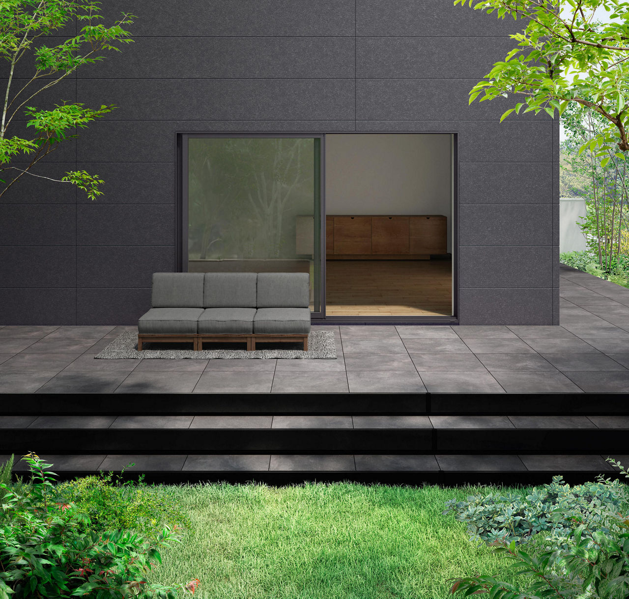 タイルデッキ_ディープグレー（アンデセメント柄）本体+ハーフステップ2段