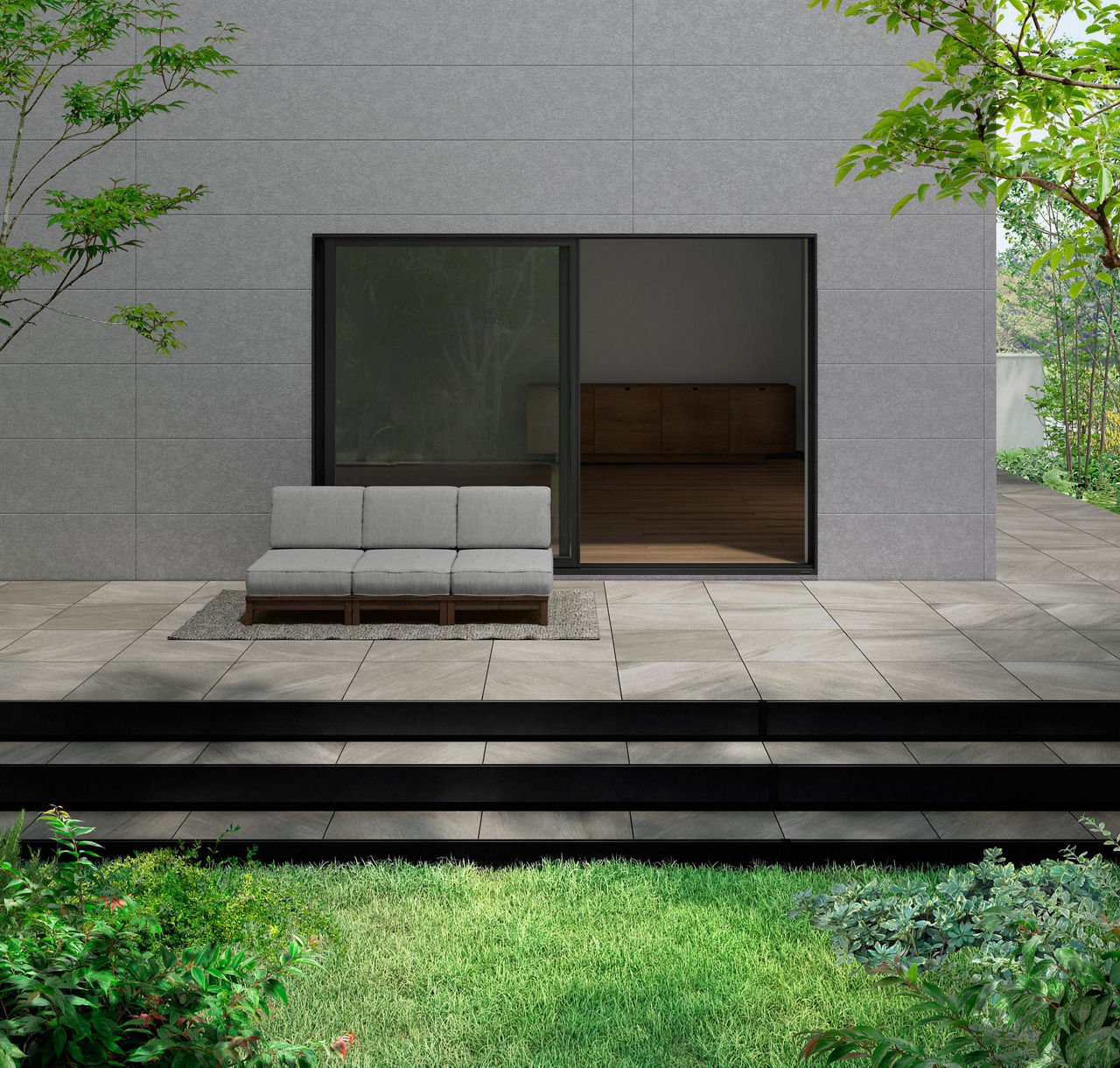 タイルデッキ_ライトグレー（サンドリネア柄）本体+ハーフステップ2段