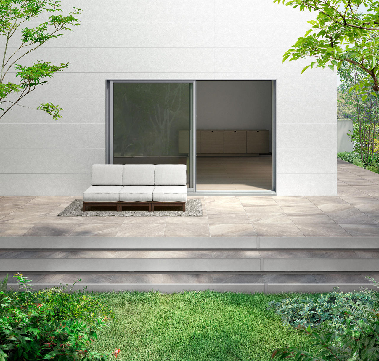 タイルデッキ_ベージュ（サンドリネア柄）本体+ハーフステップ2段