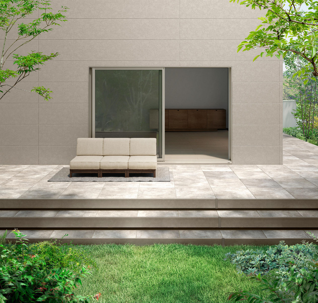 タイルデッキ_オフホワイト（アンデセメント柄）本体+ハーフステップ2段