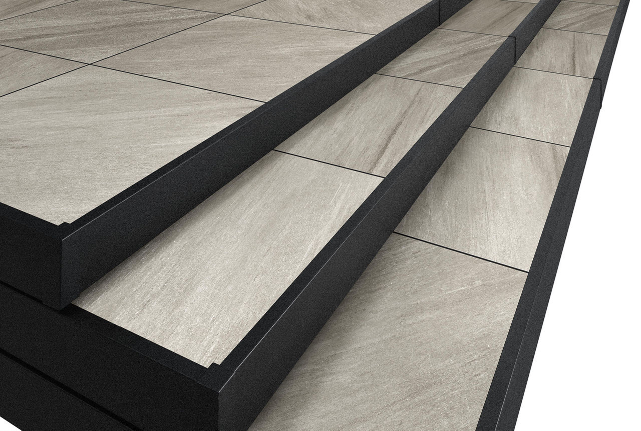 タイルデッキ_ライトグレー（サンドリネア柄）幕板：ブラック（エンボス調）_本体+ハーフステップ2段