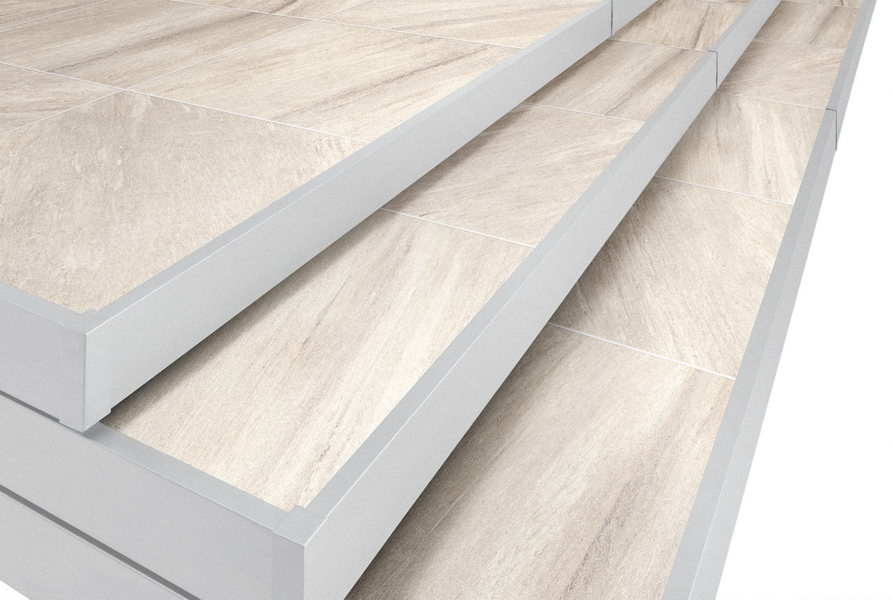 タイルデッキ_ベージュ（サンドリネア柄）幕板：プレーンホワイト（エンボス調）_本体+ハーフステップ2段