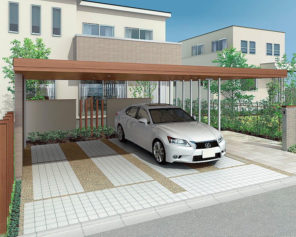 カーフロアタイル_CF-1_カーポート：Gルーフ_カールーフタイプ_55･14-52型_柱：シャイングレー_フレーム：クリエモカ_天井材：クリエモカ（全面+持出し）_スクリーン丸柱仕様：シャイングレー